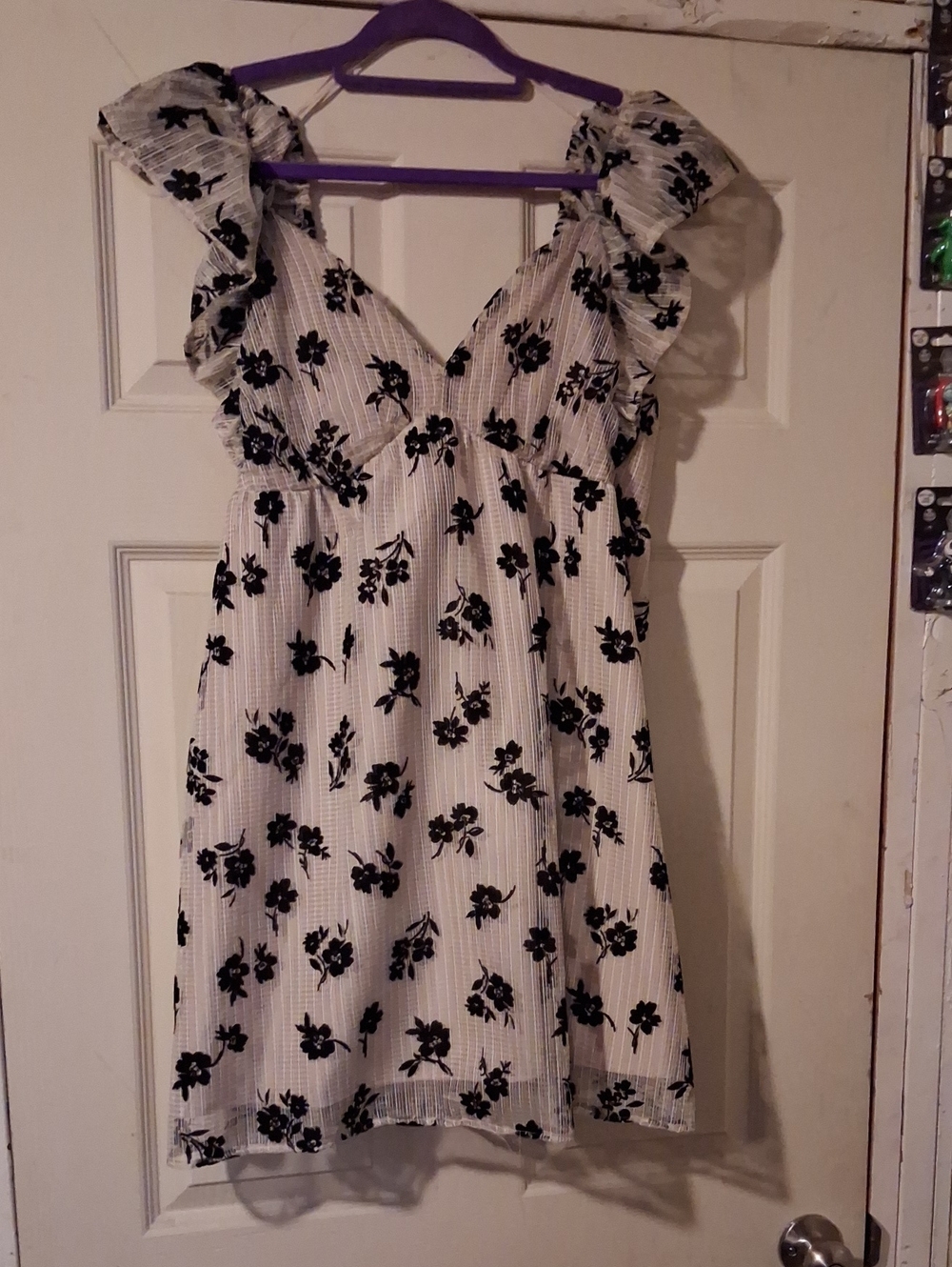 White Mini Dress with Black Floral Print and Ruffle Sleeves
